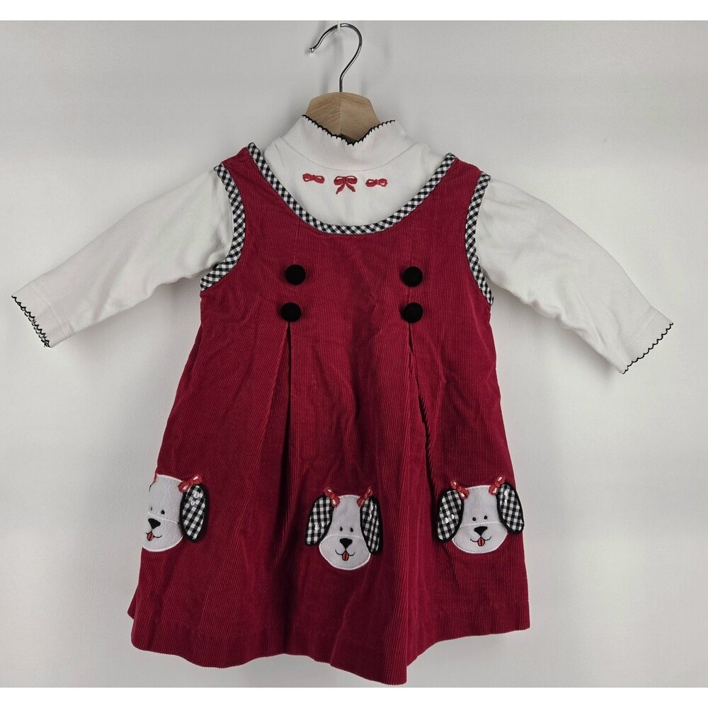Vintage Rare Too Girls 2T Red Corduroy Puppy Dog Pinafore Jumper Dress Shirt Set